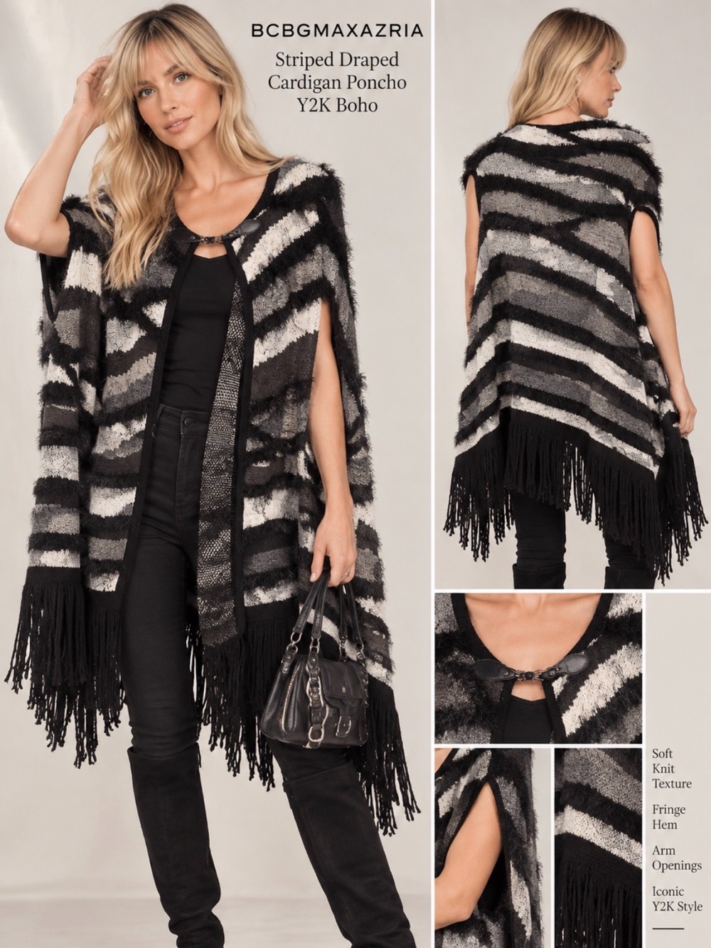 BCBGMAXAZRIA L/XL Fringe Striped Draped Cardigan Poncho Boho Y2K